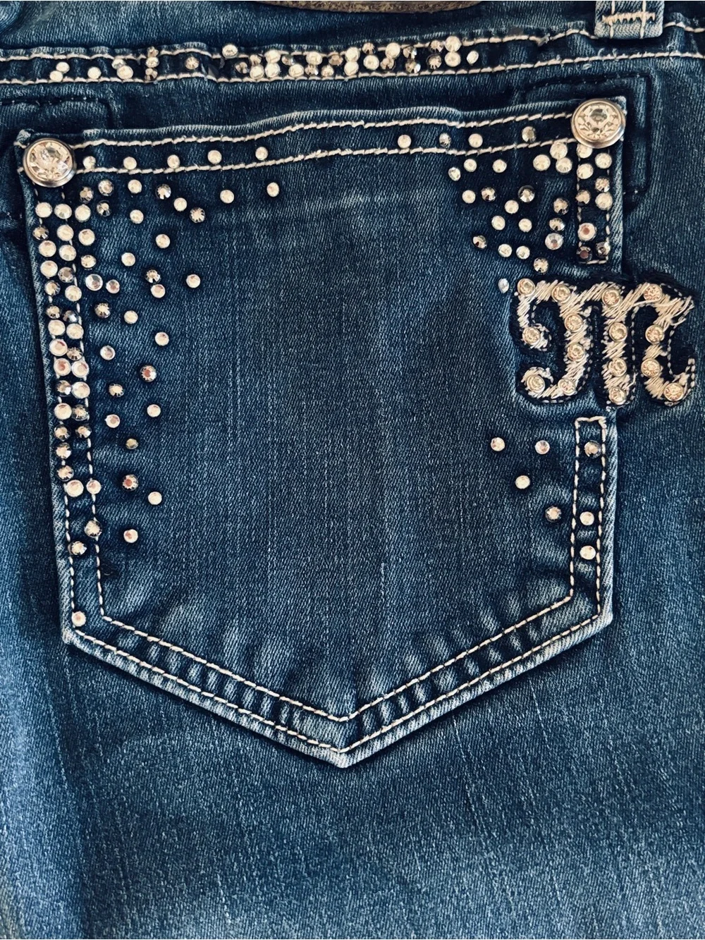 Miss Me Medium-Dark Blue Skinny Jeans with Rhinestone Trim - Picture 15 of 16
